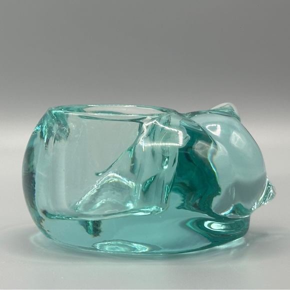 Vintage Teal Indiana Glass Sleeping Kitty Tea Light Holder - Picture 3 of 8